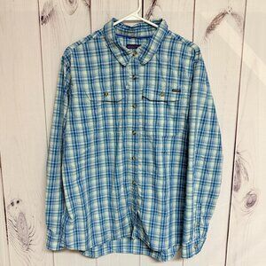 Patagonia W's Sun Stretch Shirt Extra Large Thermal Blue Plaid UPF 30+ EUC